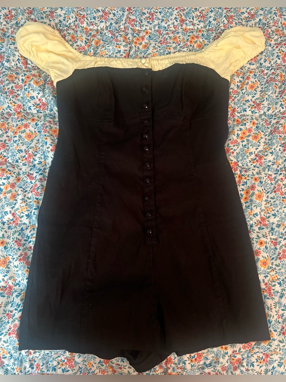 Maeve Black Romper with Cream Off-Shoulder Sleeves